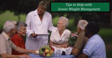 Tips to Help Seniors with Weight Management. Picture of a dietician nurse talking with 2 caucasian older females, 2 caucasian older males, and 1 black older male.