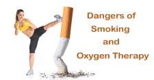 The Perils of Smoking in the Presence of Oxygen Therapy. Picture of a young caucasian female kicking at a large cigarette butt.
